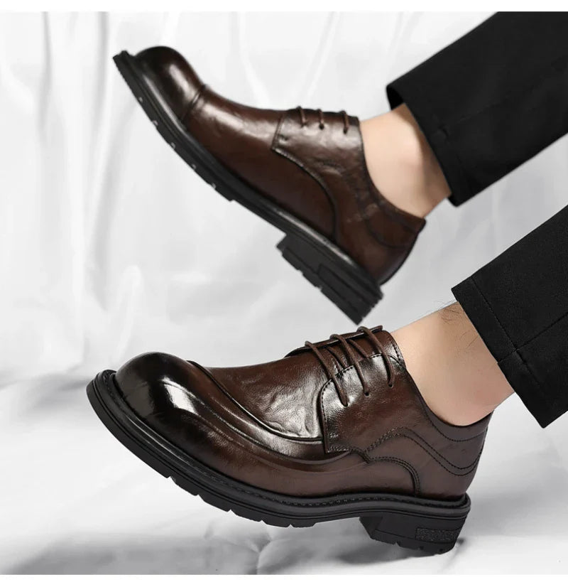 Brown Burnished Genuine Leather Lace Up Chunky Sole Formal Business Office Groom Wedding Daily Wear Shoes Fashion Comfortable