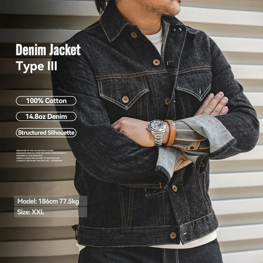 Men's Denim Jacket Washed Vintage Jean Jacket Type III Trucker Jacket Cotton Slim Fit Workwear Outerwear Autumn Dark Blue