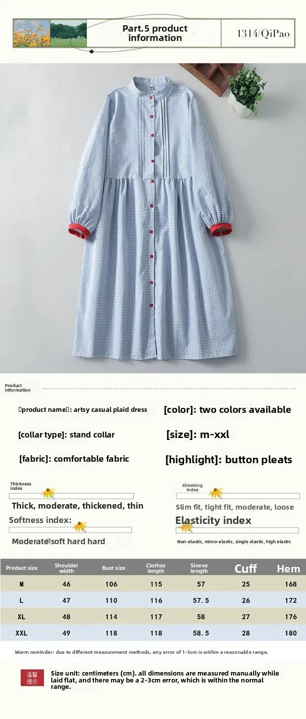 Sweet Japanese Sle Cotton Linen Plaid Long Sve Dr Women Spring Autumn Slimming Doll Dr Cardigan Stand Collar Long ...