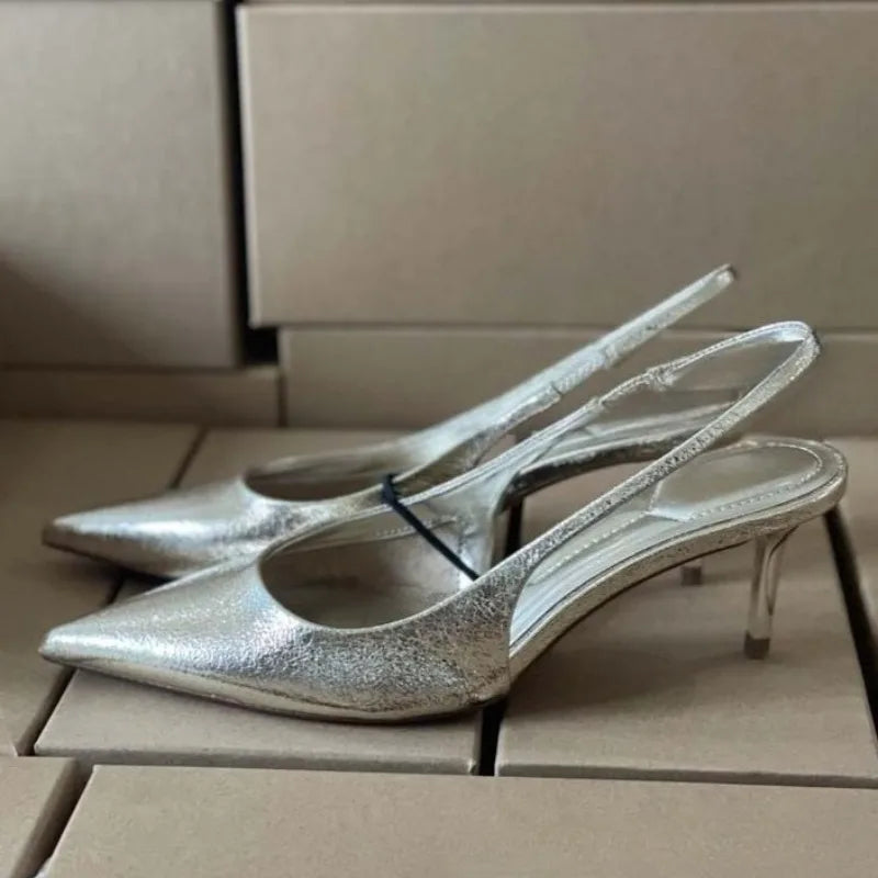 Slip on Women High Heels Office and Career Shoes Sexy Pointed Toe Concise Design Shiny Gold Evening Party Dress Slingback Pumps