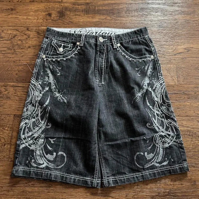 Y2K New American Fashion Pattern Letter Embroidery Baggy Denim Shorts Women Street Vintage Hip Hop Casual Shorts Women Clothing