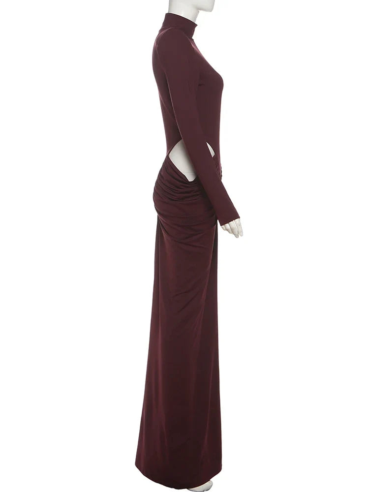 Hipster Waistless Ruched Elegant Dress Woman Autumn Style Turtleneck Full Sleeve Hollow Design Prom Party Long Bodycon