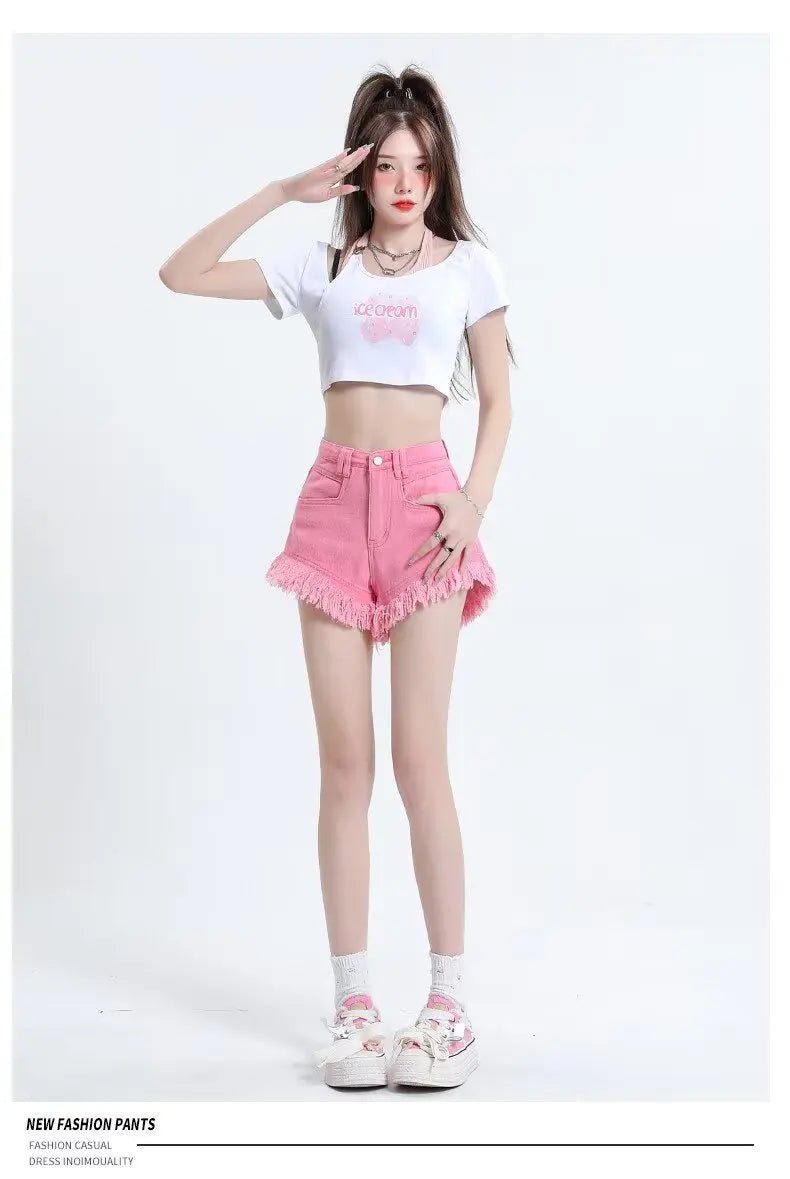 Women's Pear-shaped Friendly Denim Shorts 2026 Summer New High Waist Frayed Hem Casual Streetwear Wide Leg Hot Pants