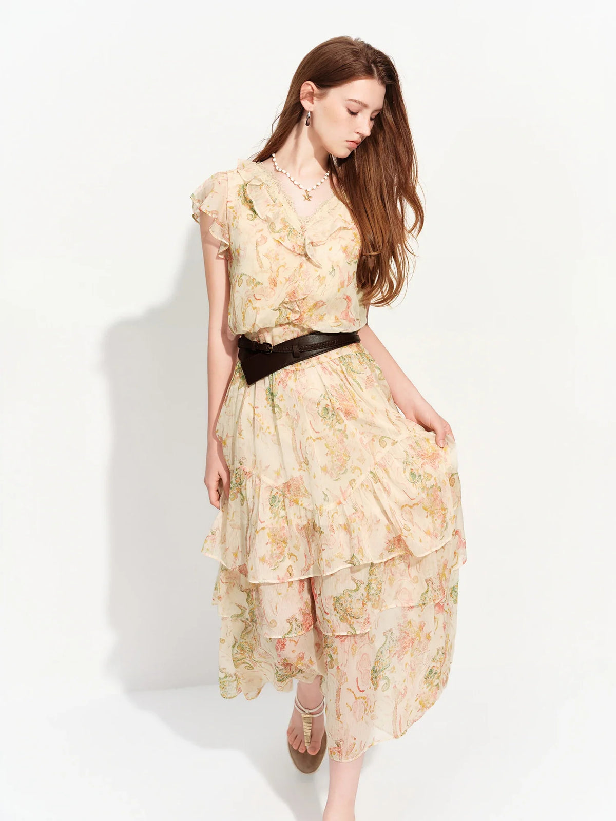 2026 Summer Women‘s Tiered Ruffle Lace Trim Chiffon Long Short Dress Flowy Smocked Maxi for French Romantic Coquette Style