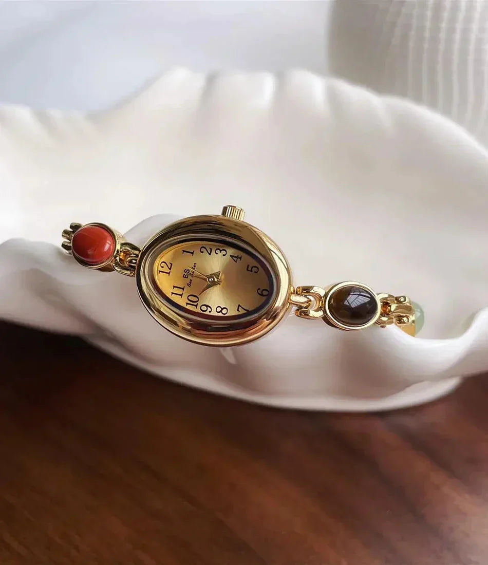 Luxury Vintage Quartz Women's Watches Fashion Natural Green Jade Bracelet Clock Numerals Small Oval Dial Watch Woman Accesories