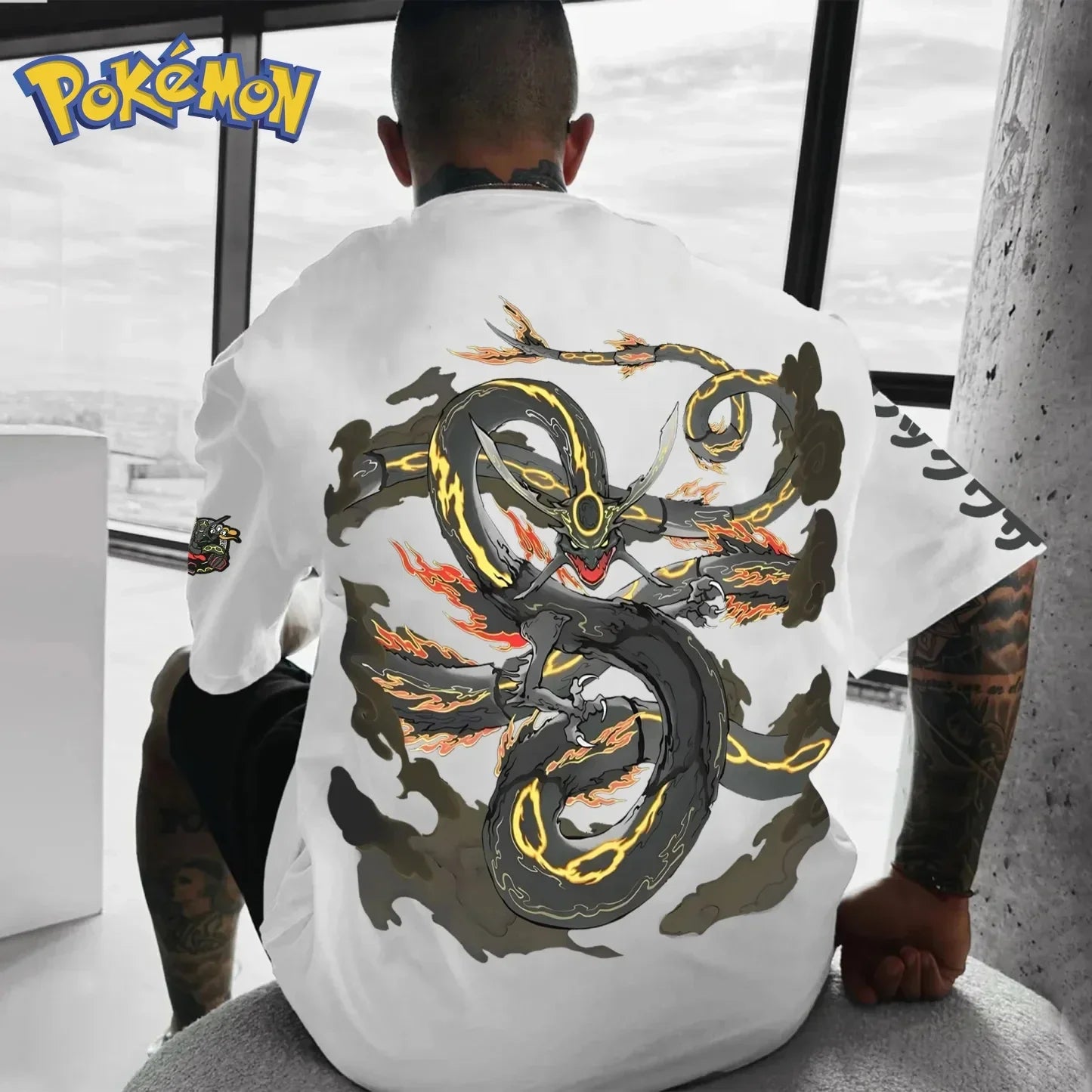 Pokémon Anime Rayquaza Peripheral Printed T-shirt Short Sleeved Men's and Women's Summer New Item Pure Cotton Loose Casual Top
