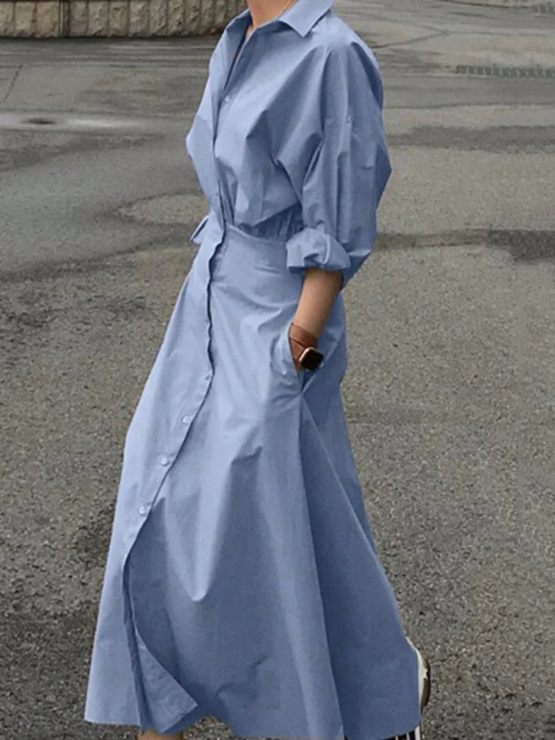 Women Casual Long Shirts Dresses 2025 Summer Spring Clothes Khaki Puff Sleeves Botton Simple Maxi Dresses for Women