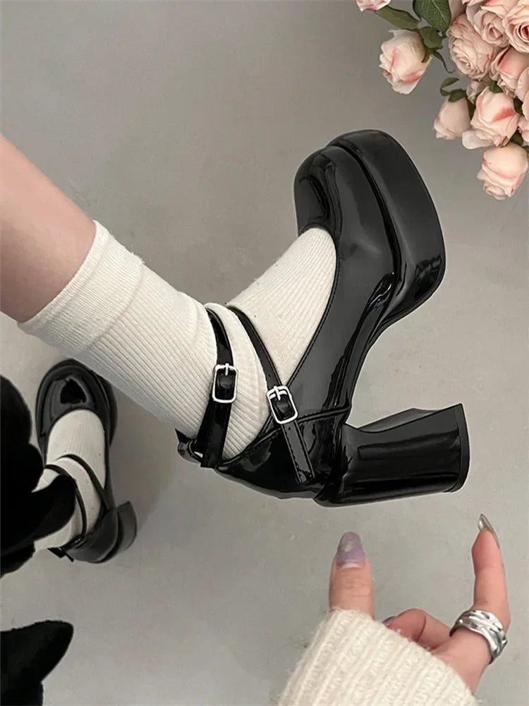 Mary Jane Pumps For Women Girls Fashion Brand New Chunky Heel Wedding Dress Shoes Spring New Pumps Classic Double Buckle