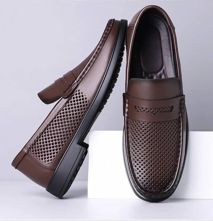 2026 Summer New Men's Breathable Leather Loafers Slip-On Hollow Out Casual Business Casual Shoes for Man Flat Driving Shoes Male