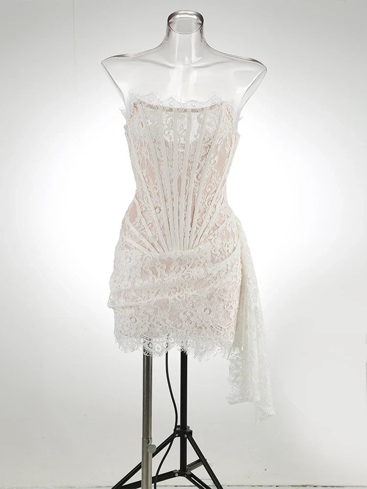 VC Christmas Dress For Women Red Lace Sexy Strapless Sleeveless Slim Supper Short Dress With Lace-Up