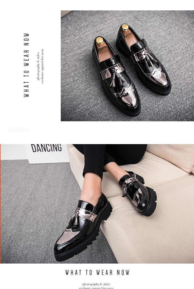 Fashion Golden Men's Casual Slip-On Tassel Patent Loafers Thick Bottom Elevator Shoes Men's Party Shoes Business Shoes Brogue