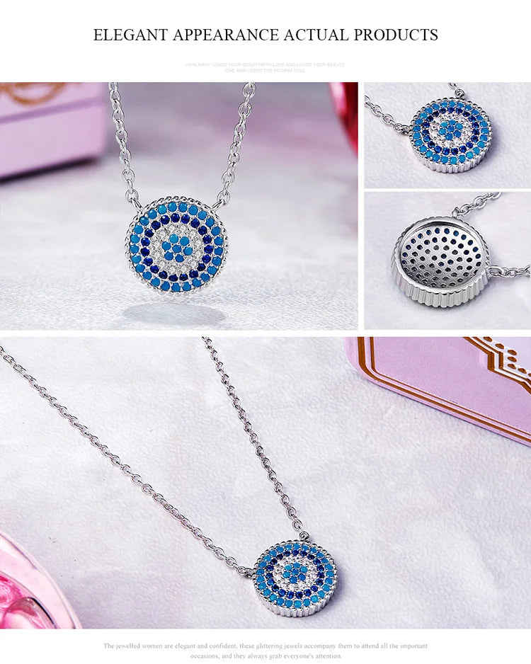 Authentic 925 Sterling Silver Blue Evil Eyes Necklace Women Lucky Pendant Necklaces Fashion Jewelry SCN099