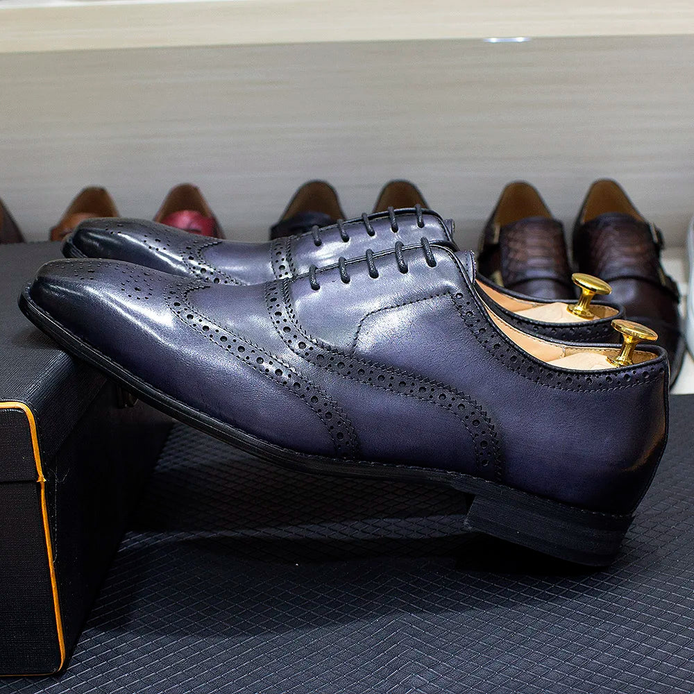 Size 7-12 Handmade Men's Wingtip Oxford Shoes Genuine Calfskin Leather Brogue Dress Shoes Classic Business Formal Shoes for Men