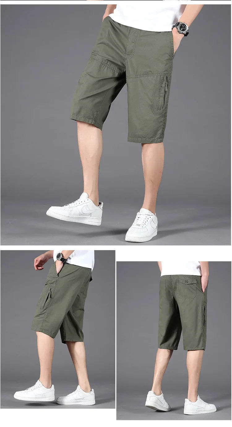 Men Cargo Shorts Zipper Pocket Loose Casual Big Size Shorts Big and Tall Cotton Knee Shorts