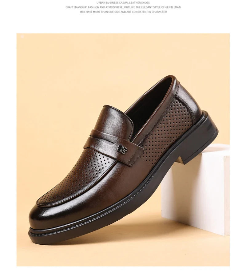 Mens Black Penny Loafers With Perforated Detail Slip On Comfortable Breathable Dress Shoes For Business Office And Summer Wear