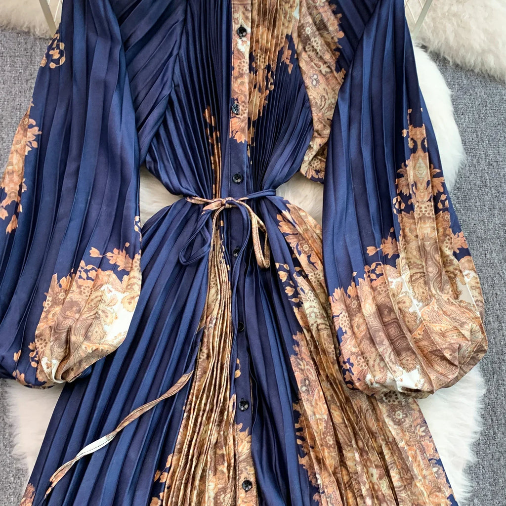 Printed round Ne Lantern Sve Dr Women's Single Button Waist Cinch Maxi Skirt Long Dr Commute Sle Autumn