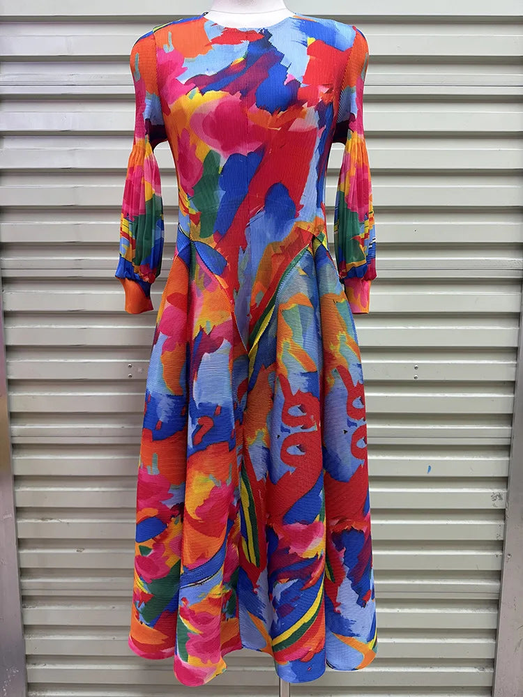 Miyake Pleated Dresses 2026 Autumn New Gentle French Print Elegant Stretch Plus Size Women's Long Sleeve Bounce Flower Bud Dress