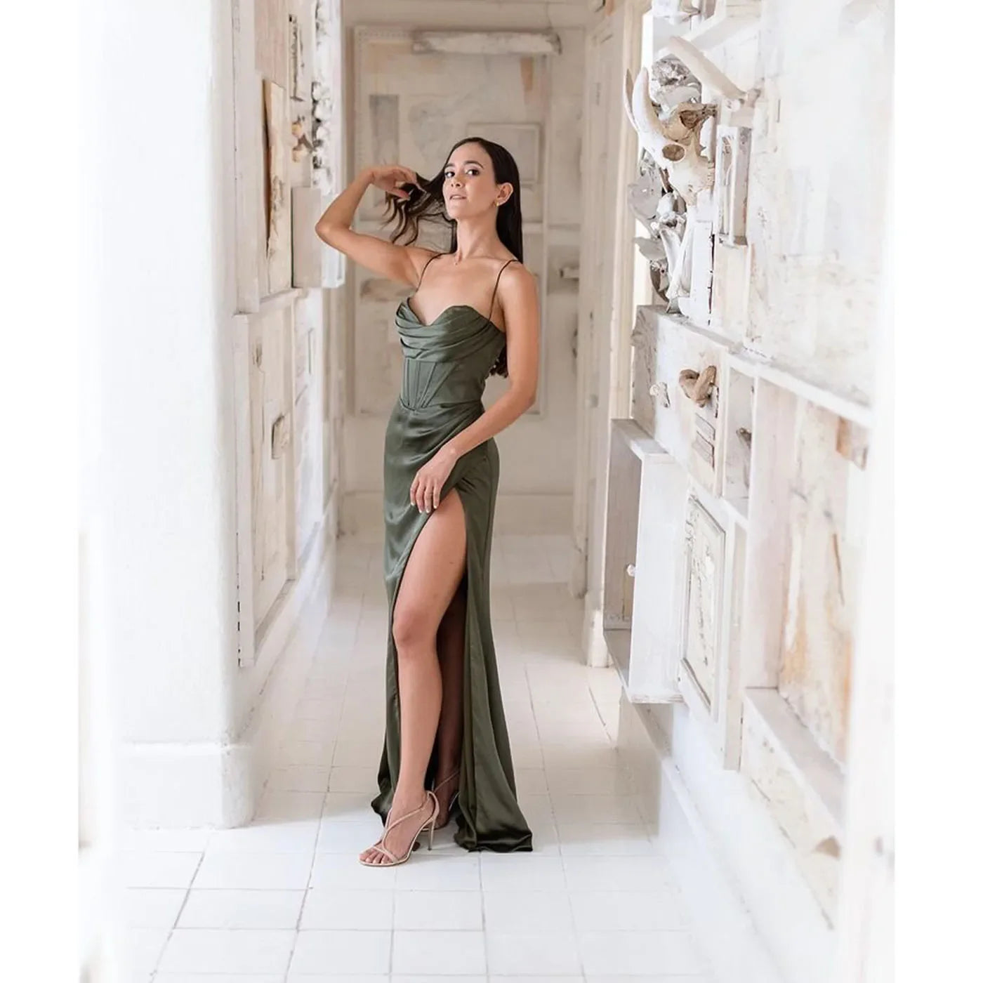 New Summer Prom Dress Women'S Sling Sleeveless Solid Color Dress One Word Neck Slim Fit Open Back Slit Red Sexy Dress