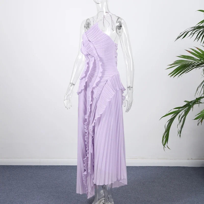 Elegant Neck Strap Ruffles Evening Gown Solid Folds A Line Lace Up Backless Sexy Party Dress 2025 New Party Vacation Y2k Robe