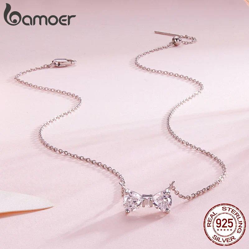 925 Sterling Silver Full Zircons Bow Pendant Necklace Sweet Bowknot Link Chain for Women Girls Birthday Gift Fine Jewelry