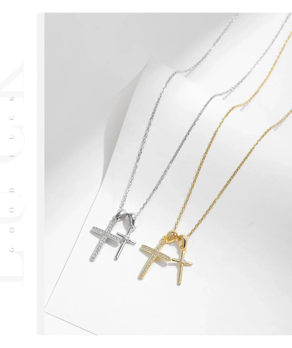 925 Sterling Silver Classic Delicate Double Cross Zircon Link Chain Pendant Necklace For Women Fine Jewelry Gifts