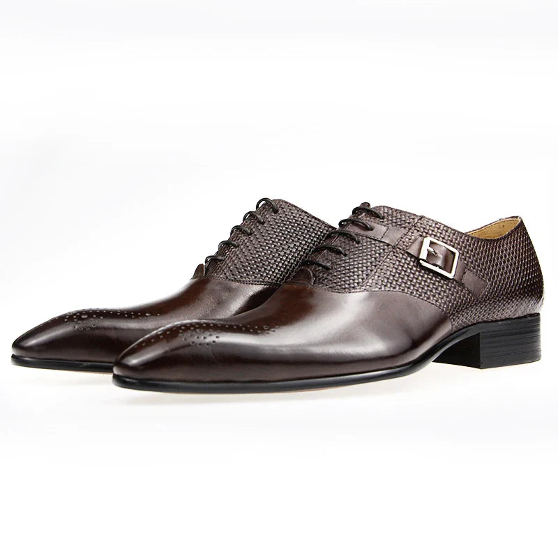 Mens Formal Genuine Leather Shoes Fashion Zapato Social Male Wedding Dress Loafer Weave Printing Lace-up Daily Brogue Shoes