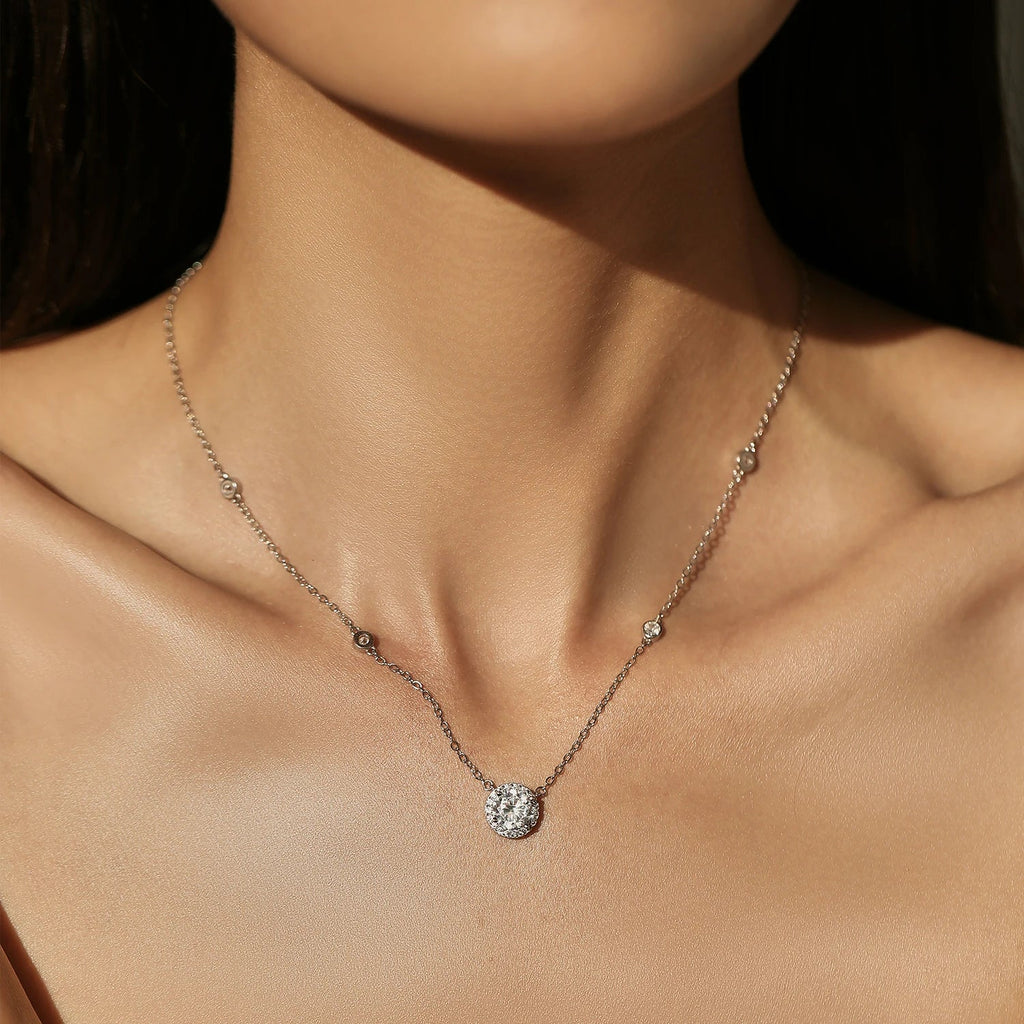 925 Sterling Silver Luxury Round Clear AAAAA Zircon Pendant Necklace For Women Wedding Engagement Bridal Fine Jewelry