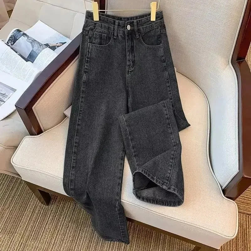 بنطلون جينز نسائي طويل بقصة أرجل مستقيمة وخصر مرتفع