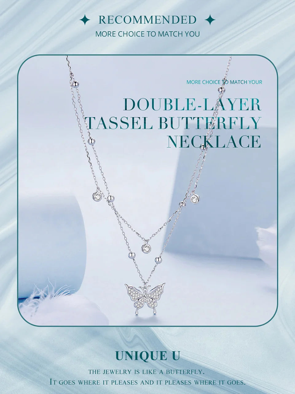 925 Sterling Silver Double-layer Tassel Butterfly Pendant Necklace for Women Engagement Gift Fine Jewelry BSN308