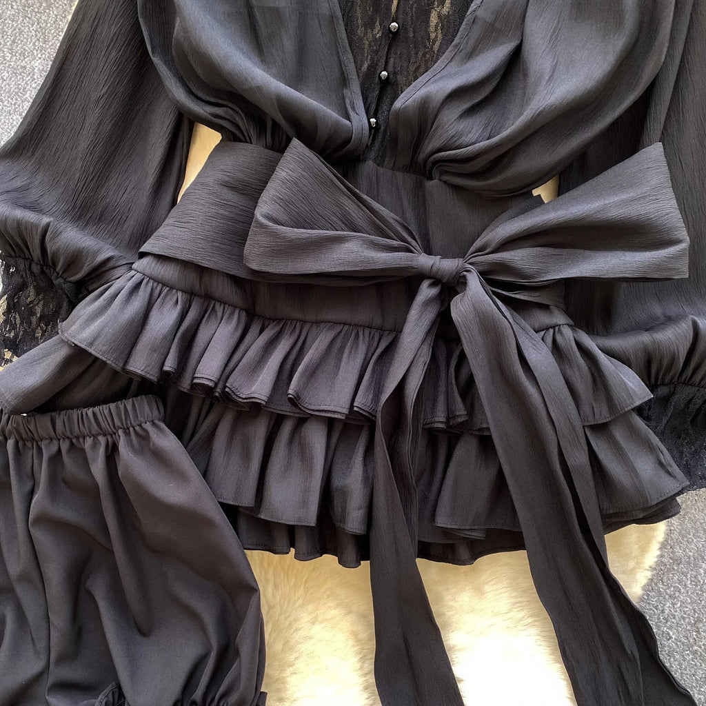 Fairycore Lace Chiffon Dresses With Stretch Shorts Pearl Button Bow Female Ruffles Sheer Seaside Holiday Mini Dress