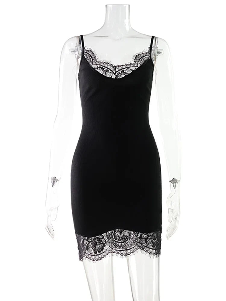Lace Patchwork Camisoles Solid Sexy Club Women Dresses Fashion Skinny Hip Wrap Female Outfits Fitness Regular Casual