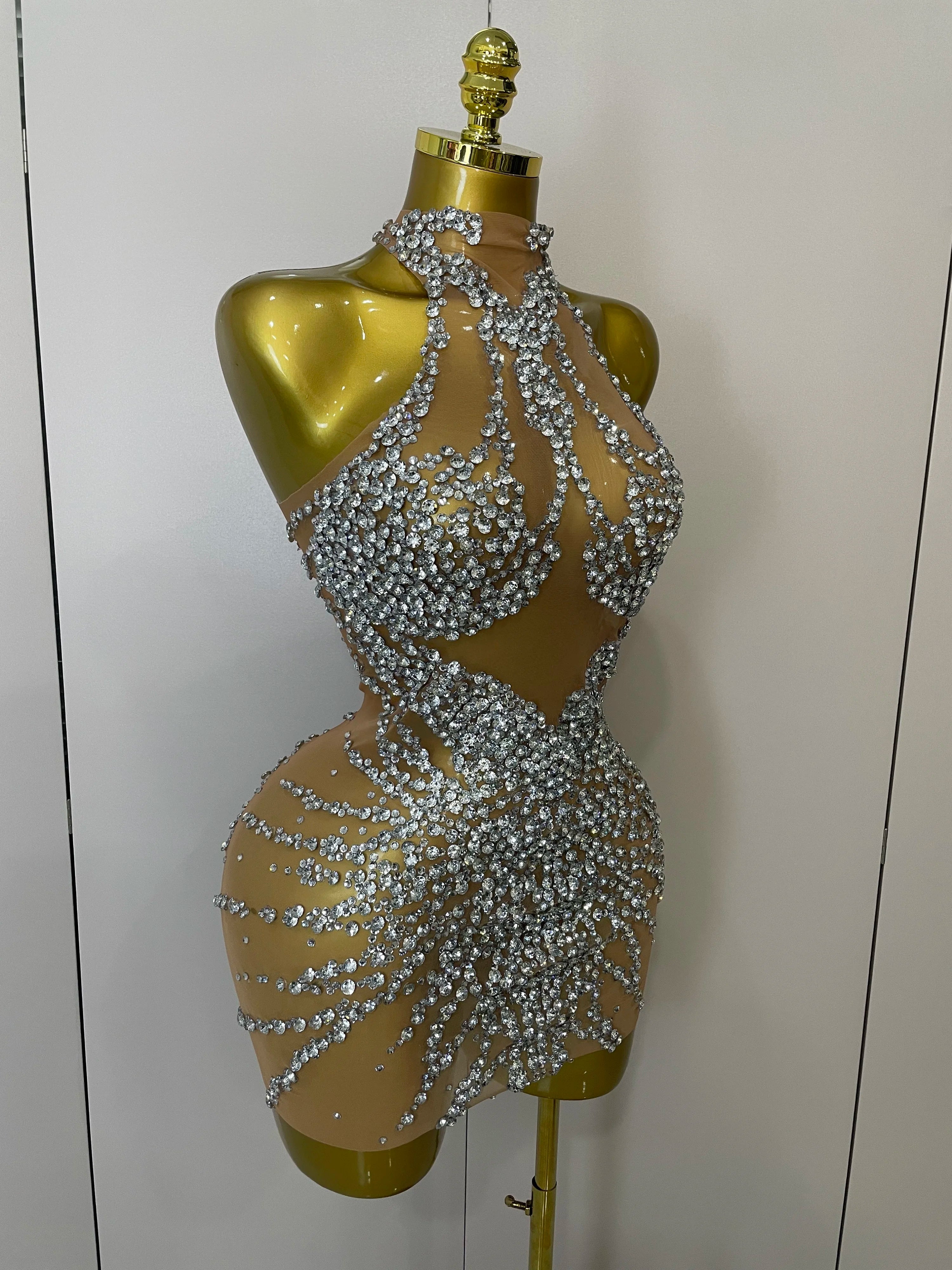Sparkly Rhinestones Sexy Mesh See Through Dress Party Evening Prom Celebrate Birthday Dress Singer Dancer Show Stage Wear