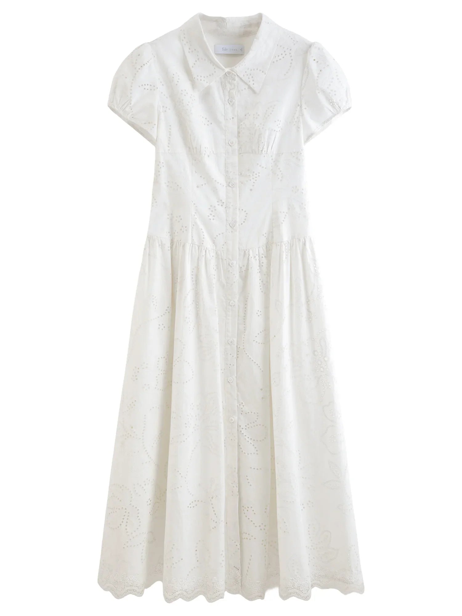 Women's Light French Style Cotton Lapel Hollow-out Print Waist-Fitted Short Sleeve Shirt Dress 2026 Summer New Arrival