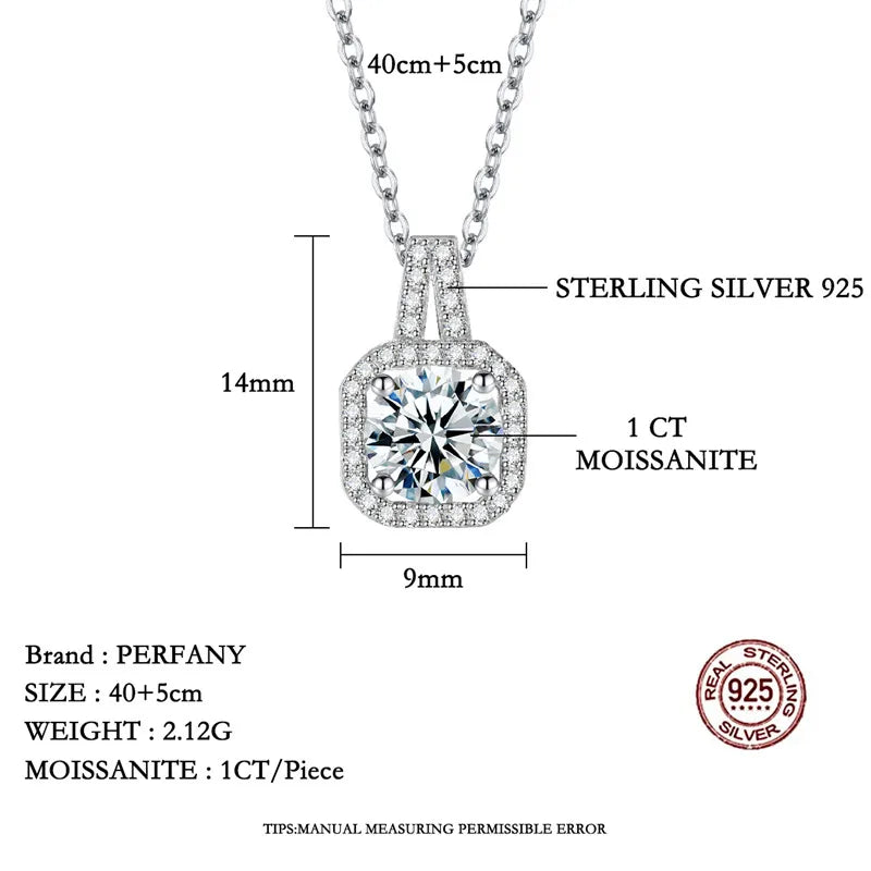 1-2CT Moissanite Necklace for Women S925 Silver Square Design Laboratory Diamond Pendant Luxurious Wedding Jewelry