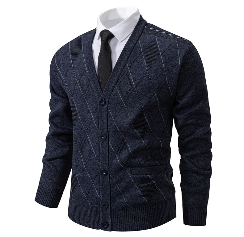 Men Plaid Cardigan V-neck Fleece Sweater Men's  Autumn Clothing Classic Cardigans Jacket Button Mens Knitting Outwear