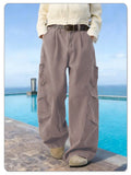 Spring Summer Retro Brown Baggy Wide Leg Casual Jeans 100% Cotton Daily Folded Splicing Deconstructed Casual Pants Unisex