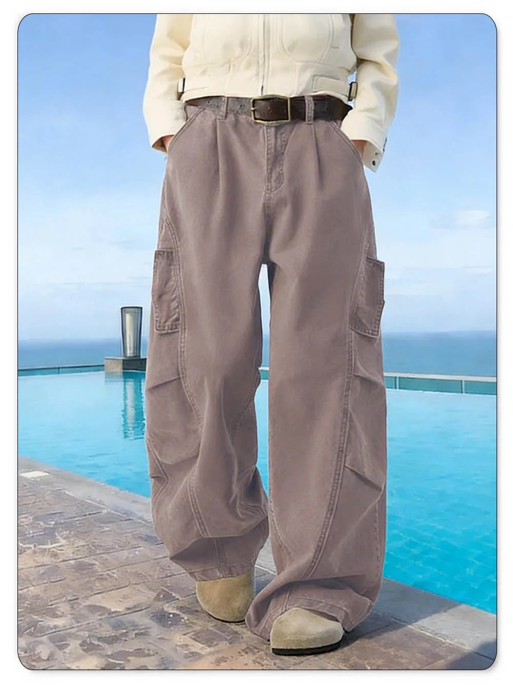 Spring Summer Retro Brown Baggy Wide Leg Casual Jeans 100% Cotton Daily Folded Splicing Deconstructed Casual Pants Unisex