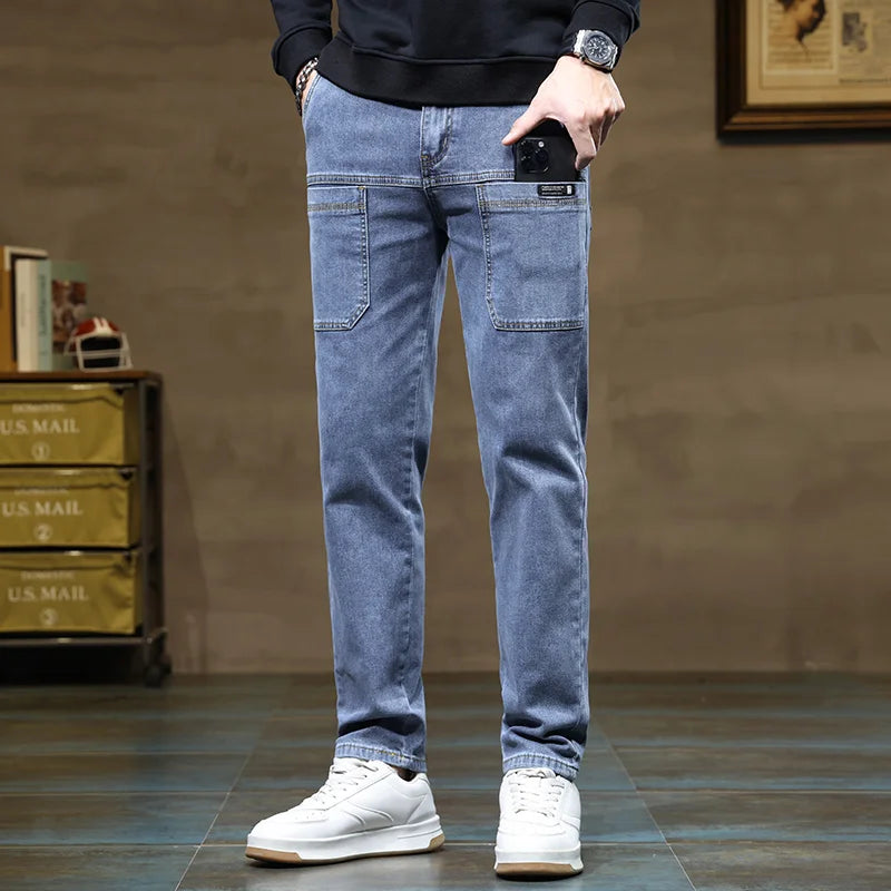 Versatile Six-Pocket Design Jeans Men's Loose Straight Leg Pants Stretchy Comfortable for Outdoor Hiking Activities All Seasons