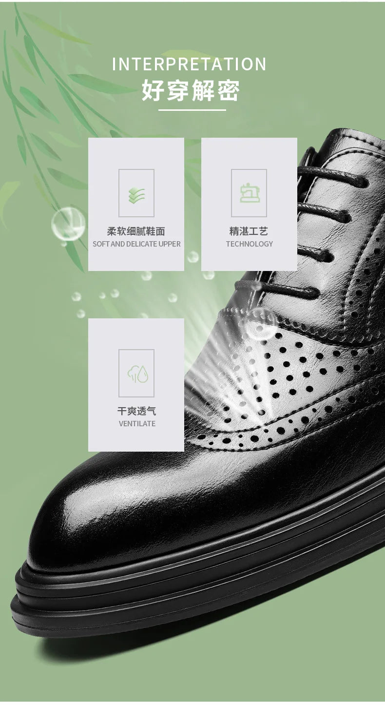 Spring Summer Hallow Leather Shoes for Men 3 6 8cm Increase Fashion Dress Shoes Male Black Business Casual Shoes Man