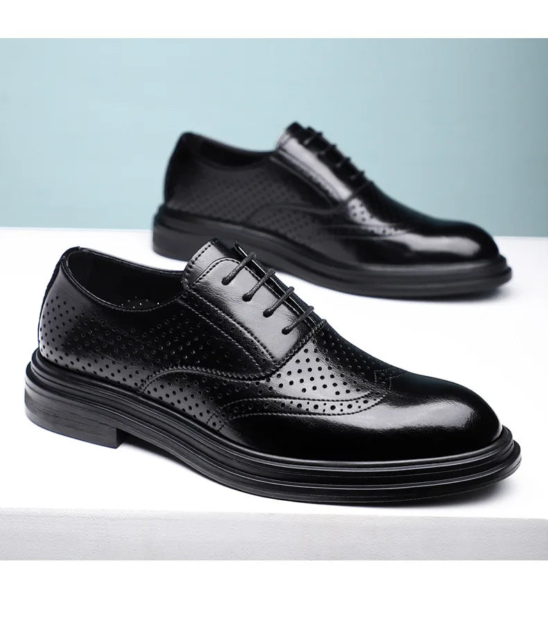 Spring Summer Hallow Leather Shoes for Men 3 6 8cm Increase Fashion Dress Shoes Male Black Business Casual Shoes Man