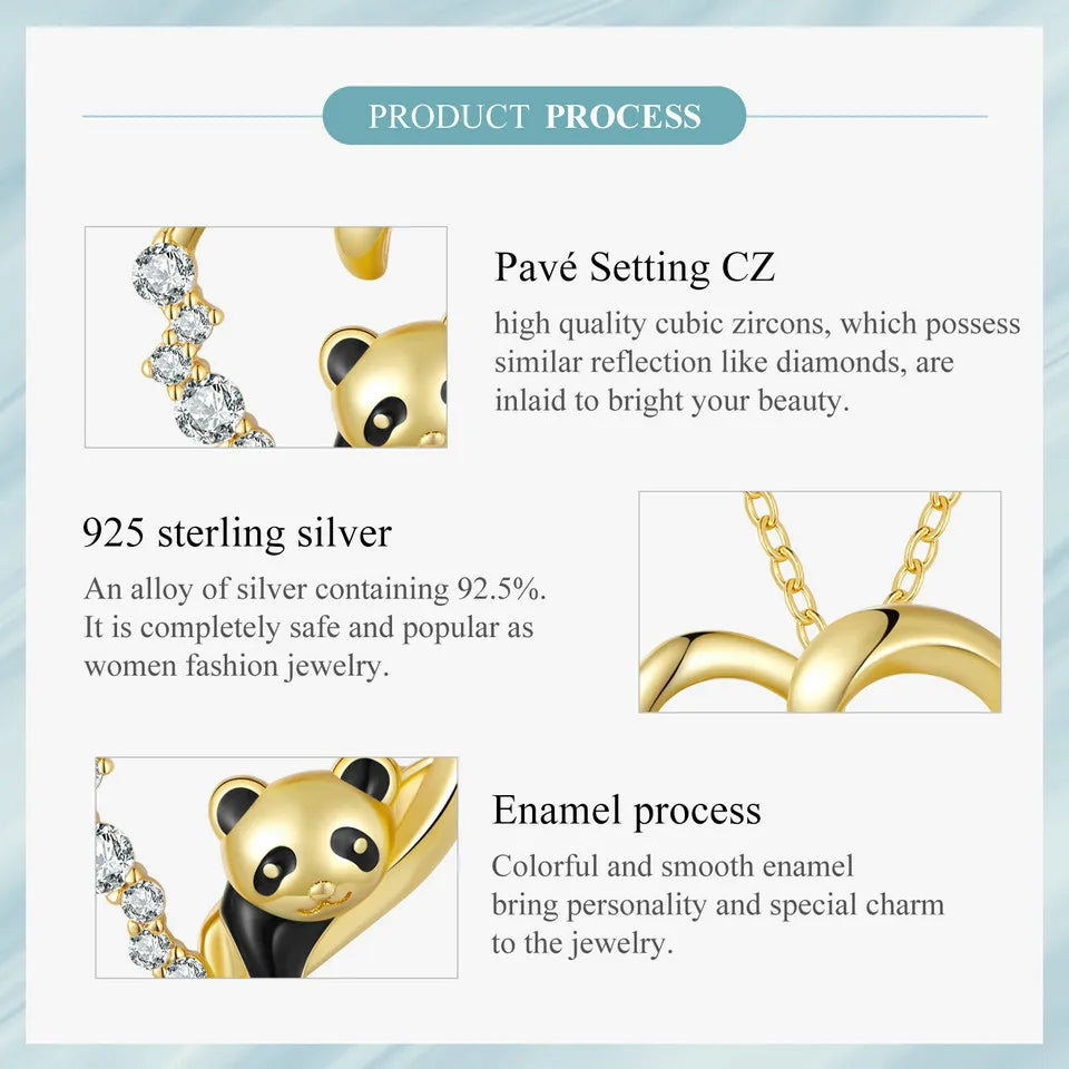 925 Sterling Silver Baby Panda Crystal Necklace Enamel Cute Animal Charm Chain Link for Women Gift 17.71'' SCN453