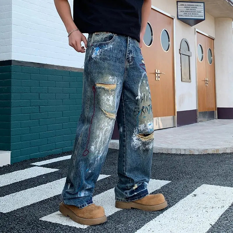 New street graffiti ripped painted jeans for men, straight-leg, loose, wide-leg, trendy brand, stylish high-end