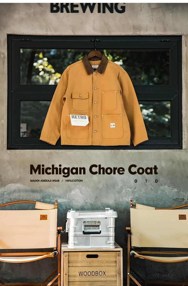 Vintage Heavyweight Michigan Chore Jackets Multi-Pocket Canvas Hunting Coat for Men's Spring Loose Lapel Collar Outwear