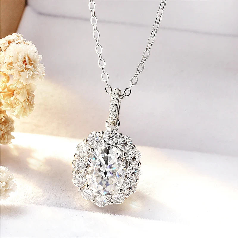 Oval Cut 7*9MM Flowers Full Moissanite Necklace Pendant for Women Lab Diamond 1.5mm Chain Pure 925 Silver Fine Jewelry