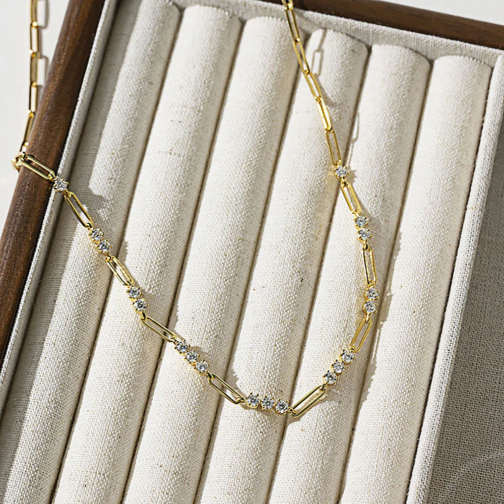 S925 Sterling Silver Paperclip Necklace with 3mm Round Moissanite Diamond Layering Link Chain Necklace for Women Fine Jewelry