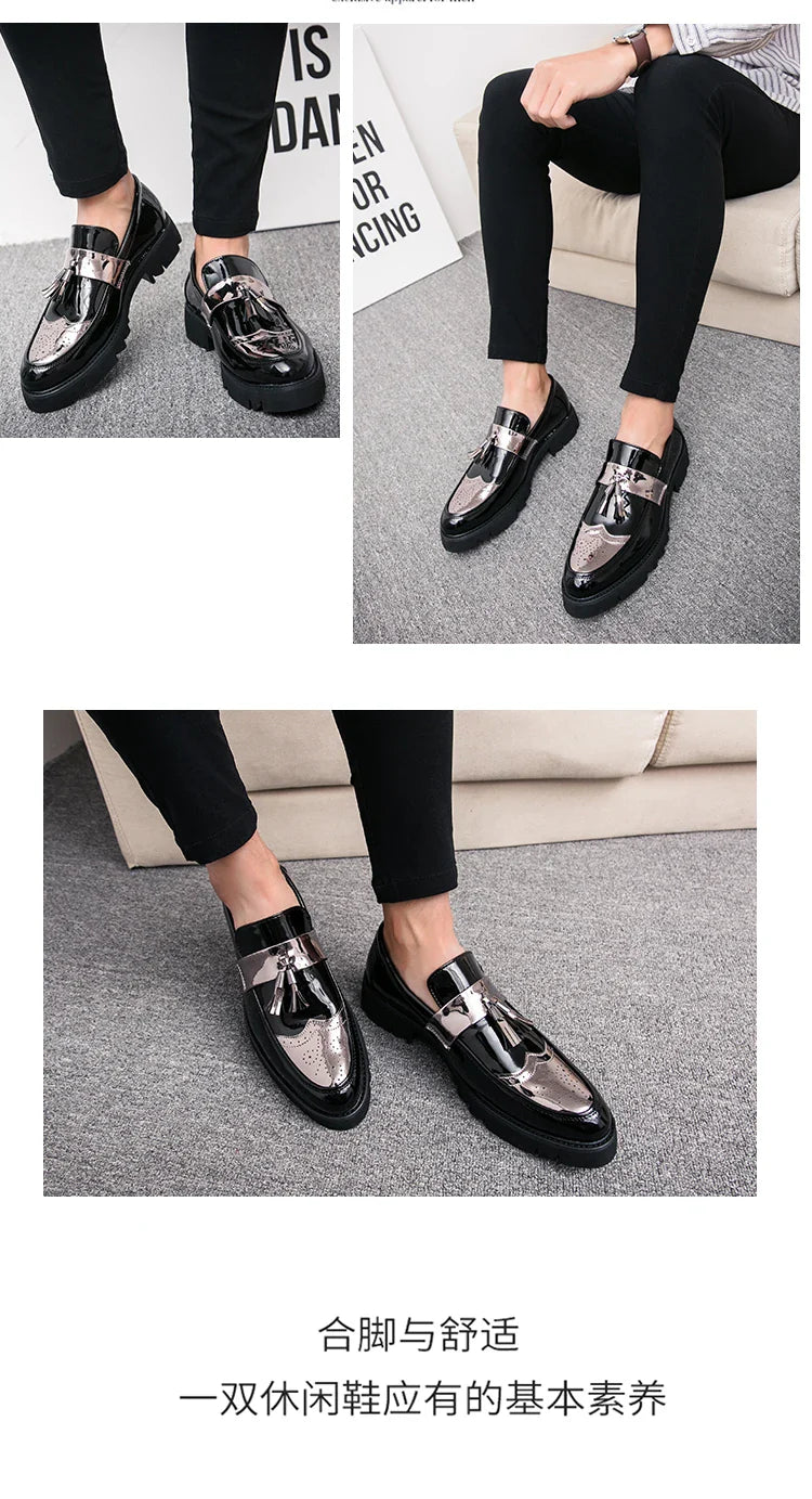 Fashion Golden Men's Casual Slip-On Tassel Patent Loafers Thick Bottom Elevator Shoes Men's Party Shoes Business Shoes Brogue