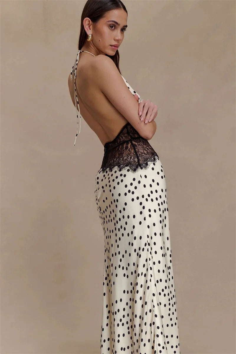 Polka Dot Backless Sexy Maxi Dress Women Gown Elegant Patchwork Lace Halter Deep V Neck Sleeveless Bodycon Club Dress