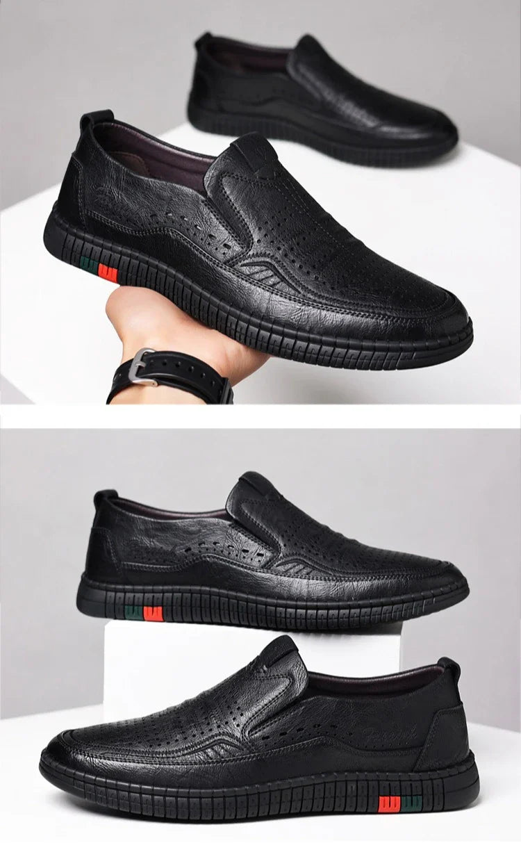 Summer New Breathable Hallow Leather Shoes for Men Solid Color Fashion Casual Driving Shoes Male Low Top Flat Shoes Man
