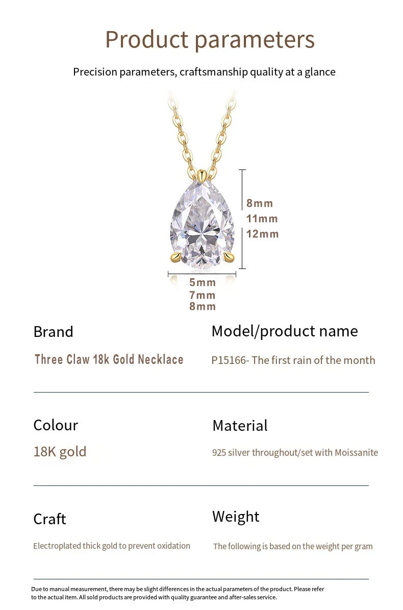 1-4CT Pear Cut D VVS1 Moissanite Necklace 100% S925 Silver 18k Gold Plated Single Diamond Women's Pendant Necklace Fine Jewelry