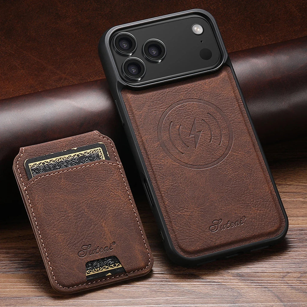 SUTENI Wireless Charging Phone Case Magnet Card Holder Stand Faux Leather For iPhone 17 Pro Max 16 Plus 15 14 13 12